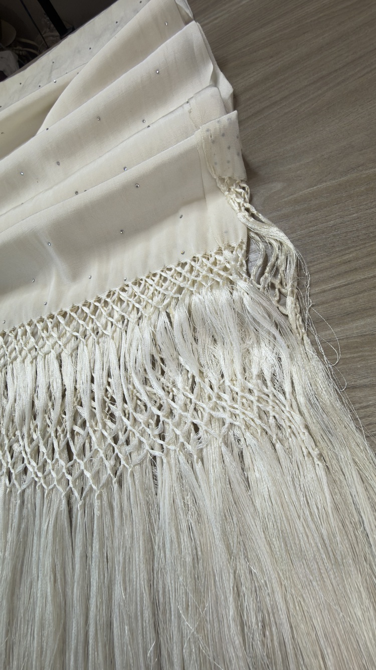 Vintage Women's Cream Piano Shawl Scarf Rhinestone Accents Long Fringe Size L